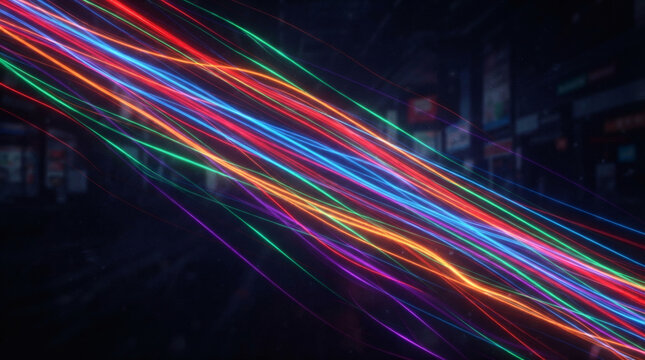 Linee di luce colorate astratte che creano un effetto di movimento dinamico su sfondo scuro.