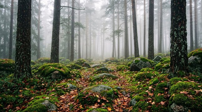 Foggy old-growth pine forest with its ground covered in vibrant green mossy boulders and scattered fallen reddish-brown autumn leaves.