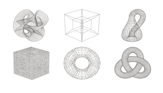  Set of 3D mathematical wireframe topological shapes vector illustration.svg