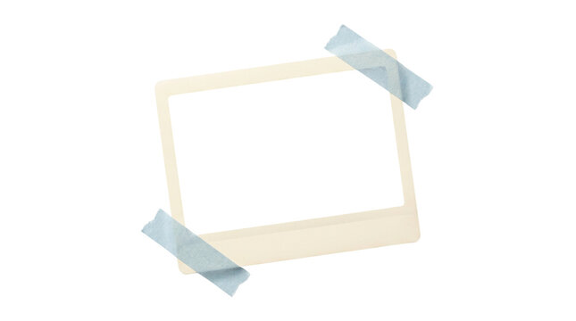 Vintage instant photo frame with blue adhesive tape. Retro polaroid style picture border on white background. Blank aged paper mockup.