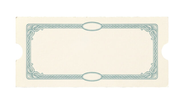 Vintage blank ticket with ornate blue border, retro paper coupon for events, antique admission voucher frame on white background