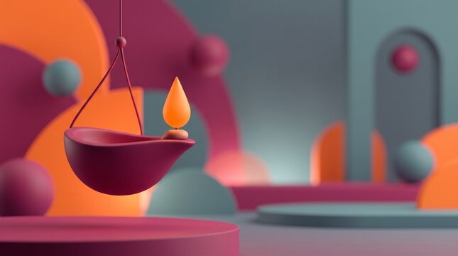 Elegant 3D Diya hanging in a minimalist geometric studio for Diwali celebration backgrounds and product showcase marketing.