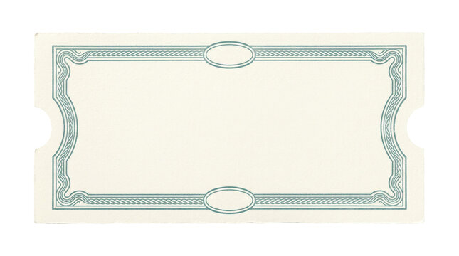 Vintage blank ticket with ornate blue border, retro admission coupon frame, elegant paper voucher template for events