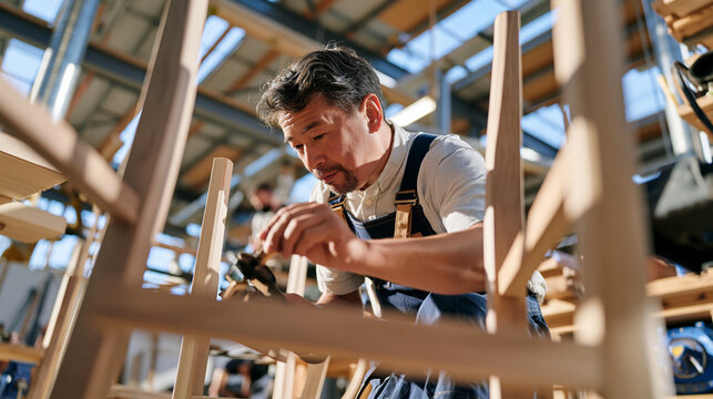 A cabinet maker's workshop at golden hour holds a child's eye view looking up at a master carpenter through a forest of chair legs, the lone craftsman working with quiet urban focus, the handmade fu