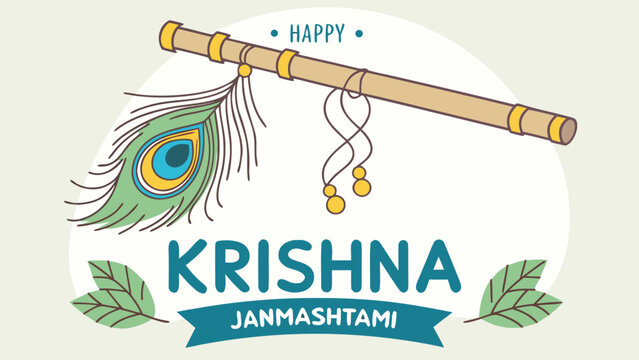 Krishna Janmashtami Flute and Peacock Feather: A traditional depiction of Krishna Janmashtami featuring a bamboo flute and a vibrant peacock feather.