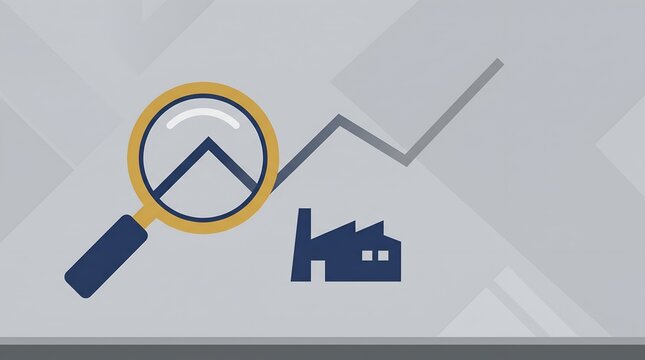 Magnifying glass analyzing financial growth chart of industrial factory