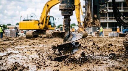 Fototapeta premium Construction auger drill bit churning through wet muddy brown soil with dirt clods splashing violently near a large yellow excavator.