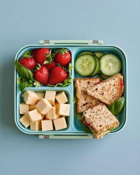 Lunch box pastel compartment strawberry cucumber sandwich cheese basil meal snack in organized school food container on blue background