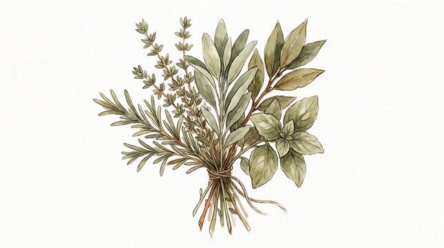 Watercolor herb bouquet illustration, aromatic culinary herbs tied together, fresh organic cooking ingredients, botanical garden elements for food and health designs.