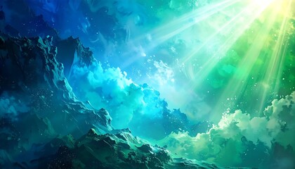 Fototapeta premium Ethereal Celestial Light Rays Illuminating Dreamlike Sky and Mountain Landscape with Vivid Colors
