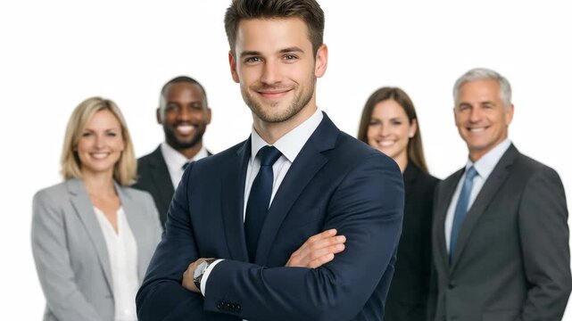 A group of business people in suits and ties smiling at the camera.
