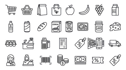 Fototapeta premium Grocery and supermarket retail thin line icon set.