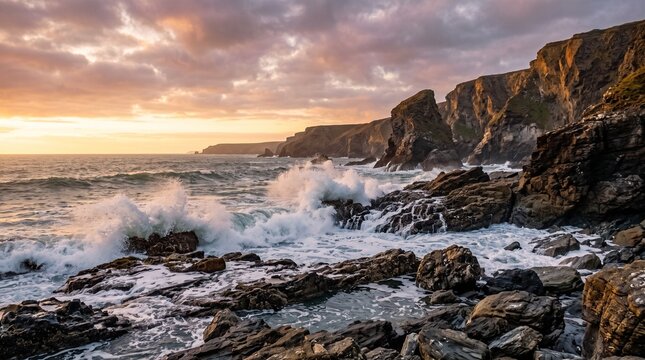 Dramatic ocean waves crash against rocky cliffs at sunset