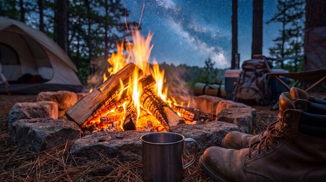 Campfire burning beside tent and hiking boots under a starry night sky. Outdoor camping adventure with wilderness shelter, warm drink, and travel concept.