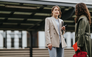 Fototapeta premium Two professional women stand talking outside a modern office structure, one holding a tablet and pen. A candid outdoor business conversation between colleagues in an urban corporate setting.