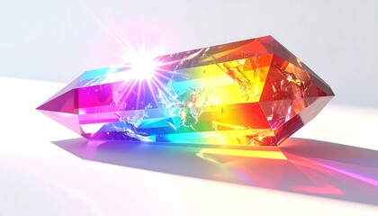 Fototapeta premium A dazzling rainbow crystal refracts light, creating a vibrant spectrum of colors against a white background