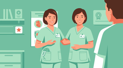 Fototapeta premium Nurses in Scrubs Discussing Medical Chart Isolated Transparent Background