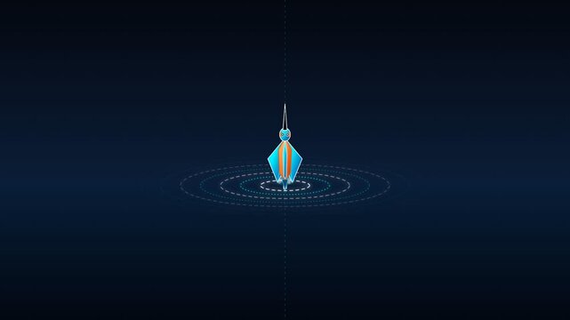 Abstract rocket launching into dark space with glowing digital data rings