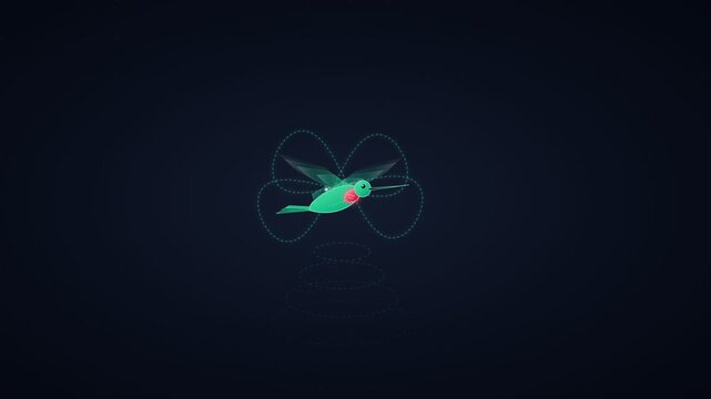 Minimalist green hummingbird glowing against a dark background in digital illustration