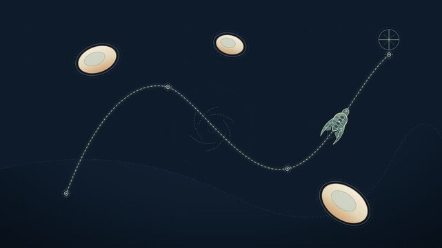 Futuristic rocket flying along a curved trajectory through outer space with celestial bodies