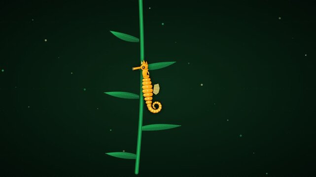 Cute yellow seahorse clinging to a green plant stem underwater