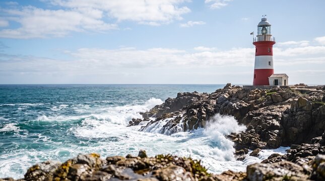 Red and white lighthouse on rocky coast with crashing waves and blue sky