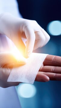 A medical professional applies a sterile bandage to a patient's hand in a clinical setting