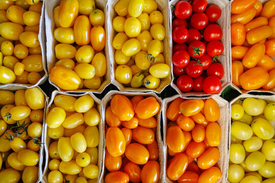 Colorful display of tomatoes in baskets at a local market during daytime