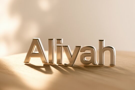 3D name mockup: Aliyah rendered in glossy metallic lettering on a wooden desk
