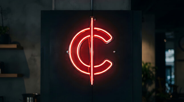 Bright red neon cent sign glowing on dark wall for business and finance.