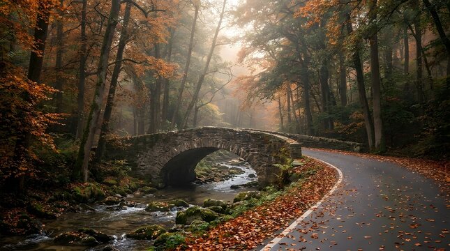 Autumn coast road with stone bridge and colorful forest landscape