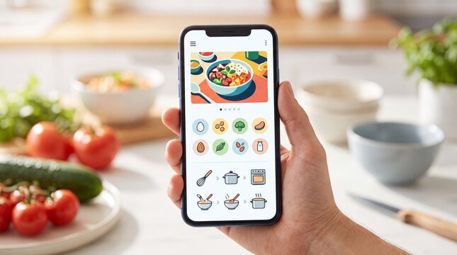 Hand holding smartphone displaying a digital recipe app with illustrated ingredients and cooking steps in a home kitchen. Mobile technology for meal planning and healthy food preparation.