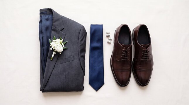 Groom wedding outfit arranged flat lay with suit, tie, boutonniere, cufflinks, and formal leather shoes. Elegant preparation for marriage ceremony and special occasion.