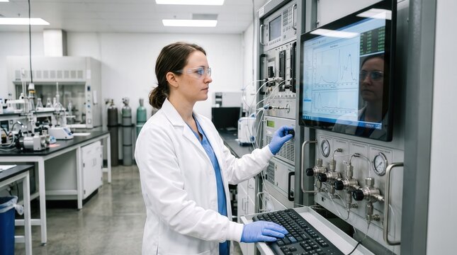 Female Scientist Analyzing Data on Computer Screen in Modern Laboratory Environment