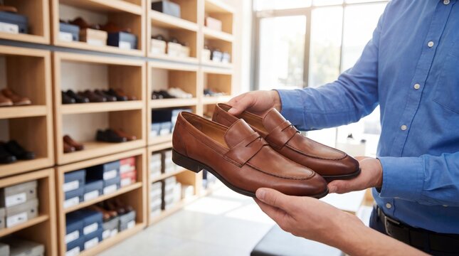 Man displaying pair of leather loafers in shoe store. Footwear shopping, product selection, retail service, fashion and elegant business style concept.