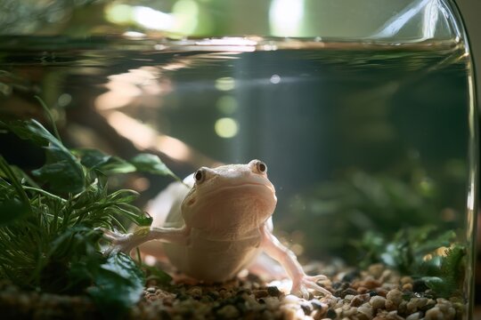 Albino African Clawed Frog in a Glass Aquarium: Close-Up Portrait