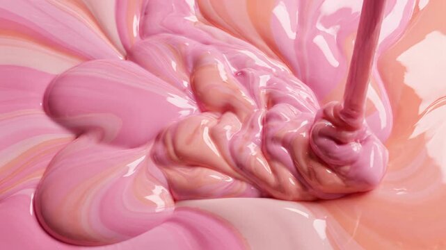 Abstract pink and peach liquid paint pouring and swirling texture background