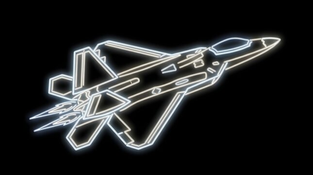 Fighter jet airplane glowing neon wireframe outline flying against dark black