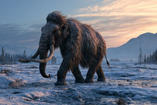 Ancient megafauna scene: colossal mammoth trekking across icy terrain with distant herd silhouettes