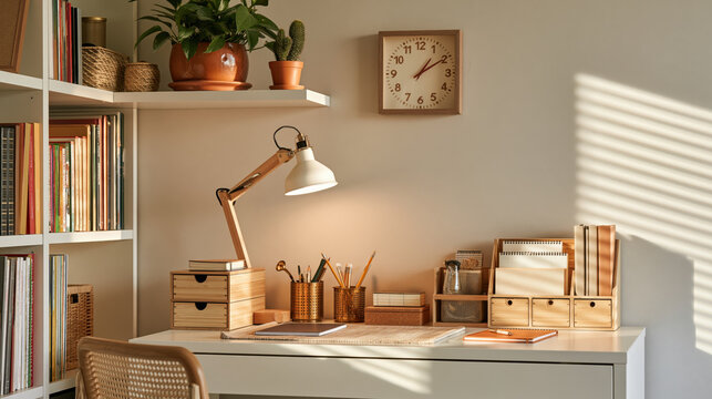 Student desk organization clean study corner shelf book lamp plant