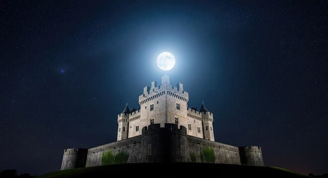 A majestic stone castle stands tall under a dark starry sky with a bright full moon casting a soft glow over the ancient fortress walls, stars, architecture, historic
