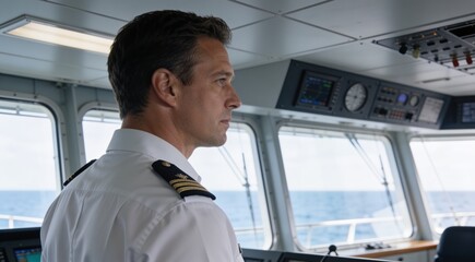 Fototapeta premium Ship Captain Standing on Navigation Bridge for World Maritime Day Professional Concept
