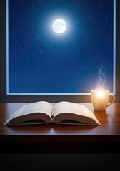Naklejka premium A peaceful nighttime study setup featuring an open book and glowing mug on a wooden desk by a window revealing a bright full moon and stars, indoor, relaxation, serene