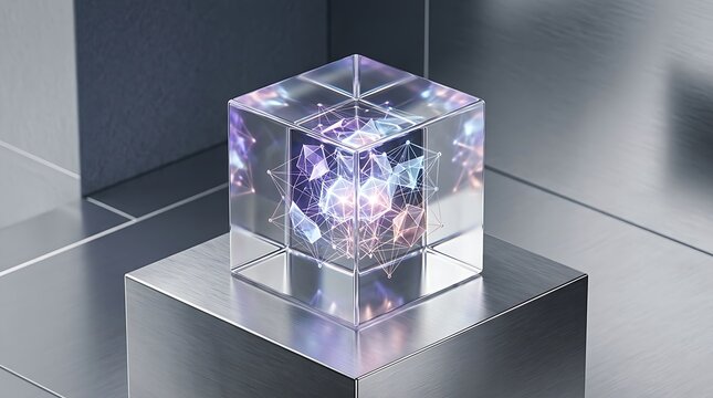 Futuristic glass cube with digital snowflake design on stand