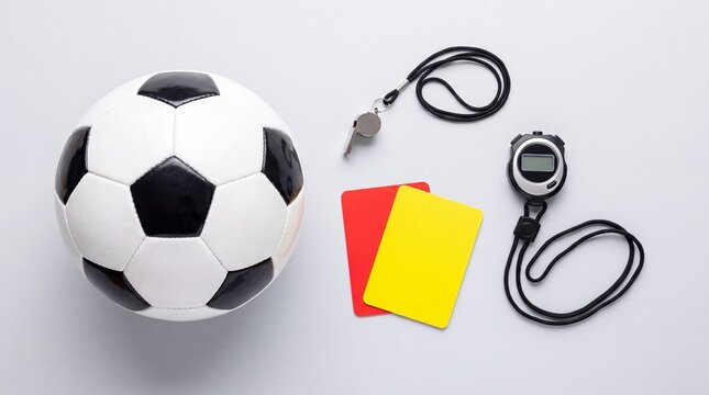 Soccer ball with referee whistle, stopwatch, and yellow and red cards. Football officiating equipment representing match rules, sports competition, referee training, and fair play.