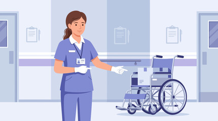 Fototapeta premium Nurse pointing to wheelchair in hospital hallway