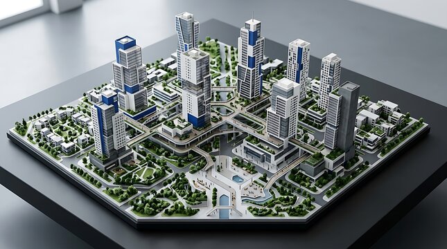 Detailed 3d miniature cityscape model with modern buildings