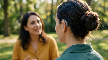 Fototapeta premium Two professional women smiling and talking during outdoor business meeting in park