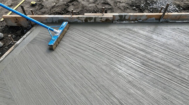 Broom Finish Concrete Texture Being Applied with Construction Broom | Worker Finishing Freshly Poured Concrete Slab for Driveway | Close-Up of Concrete Broom Finish Technique on Patio Slab 