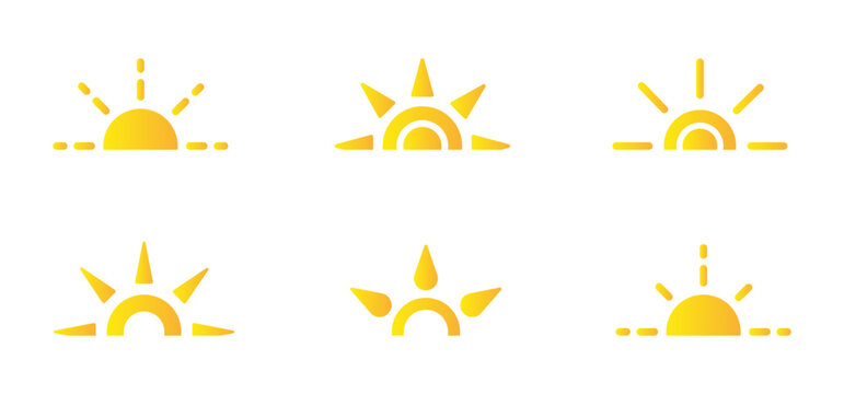 Set of cartoon sun icons, half sun illustrations, yellow sunrise or sunset, sunrise and sunset logo elements